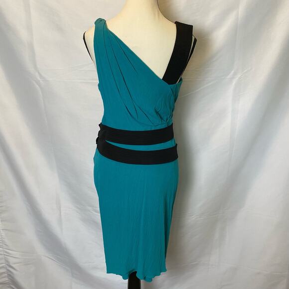 Narciso Rodriguez Teal and Black Silk Belted Drape Style Mini Dress Size 6 Women - Picture 5 of 16